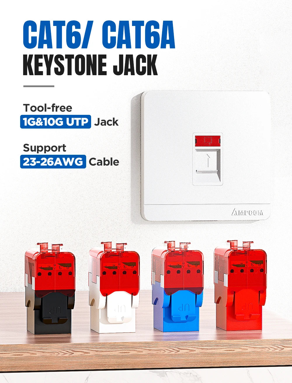 AMPCOM CAT6A CAT6 Tool Less Keystone Jack,  RJ45 UTP Keystone Module Adapter No Punch-Down Tool Couplers Modular Connector