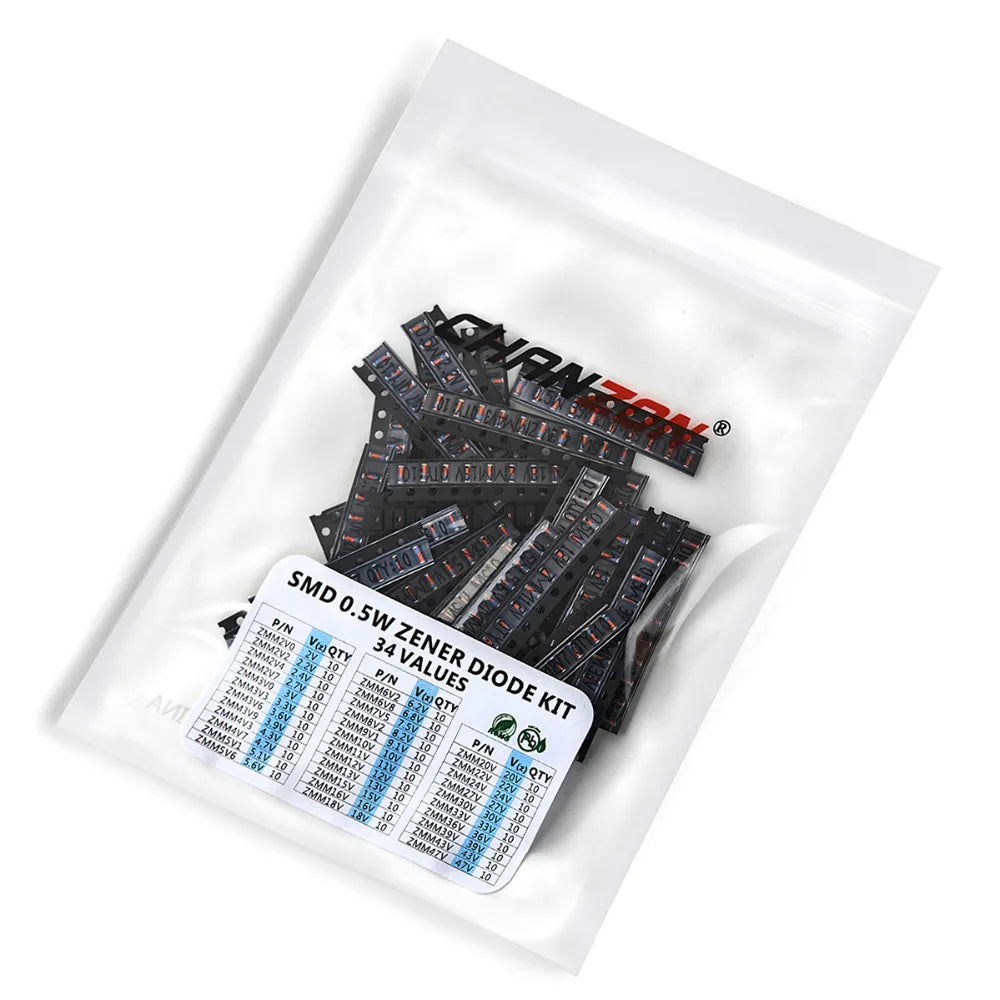 34 Values 0.5W SMD Zener Diode Assorted Kit 2V 3V 3.3V 3.6V 5.1V 5.6V 7.5V 10V 12V 13V 15V 16V 18V 20V 22V 24V 30V 36V 39V 47V