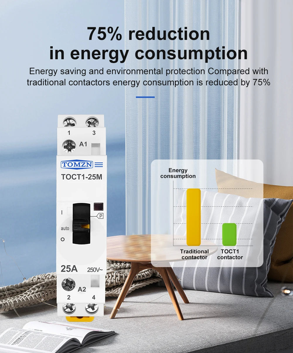 TOMZN TOCT1 2P 25A 220V/230V 50/60Hz Din Rail Household AC Modular Contactor With Manual Control Switch 2NO or 1NO 1NC or 2NC