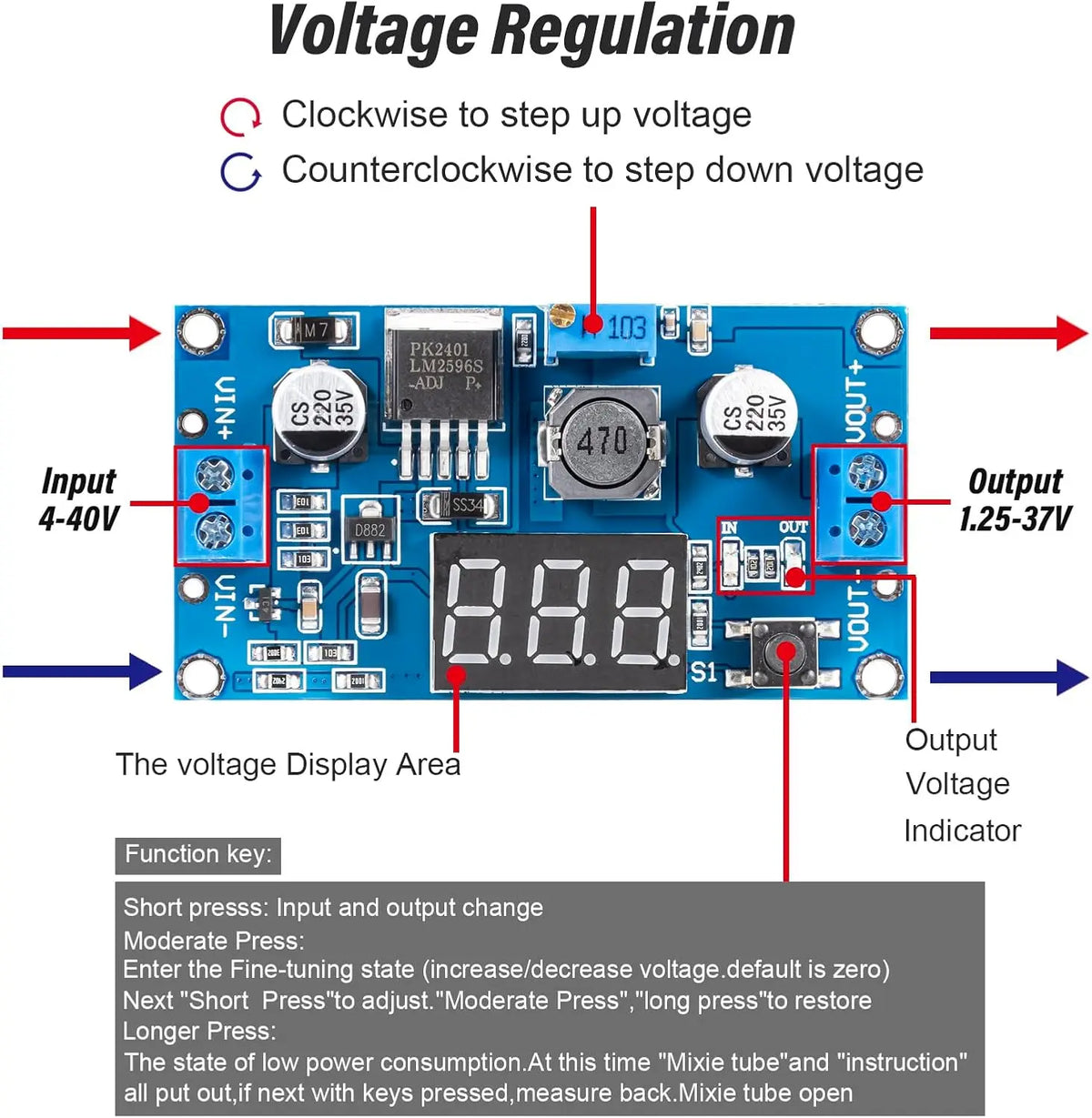LM2596 DC DC Step Down Converter Voltage Regulator LED Display Voltmeter 4.0~40 to 1.25-37V Buck Adapter Adjustable Power Supply