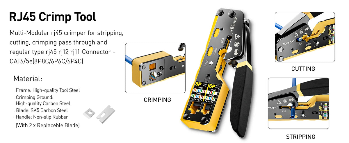 ZoeRax Network Tool Kit，RJ45 Crimp Tool kit Pass Through Crimper RJ45 Crimping Tool, Cable Tester, Punch Down Tool, Stripper
