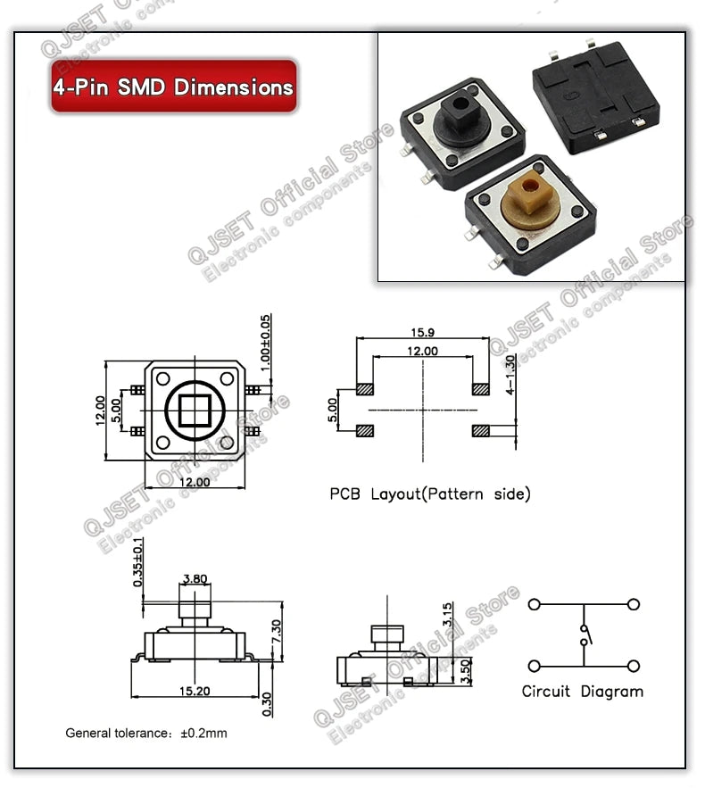 20 Pcs Tactile Pushbutton Switch 12*12*7.3MM Micro Switch Pushbutton A14 A24 Pushbutton Cover 12x12x7.3MM Square Head Pushbutton
