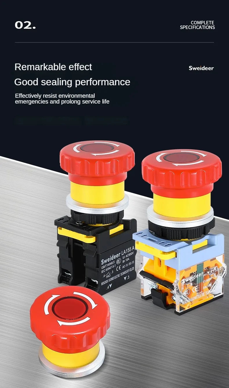 30mm Emergency Stop Button Switch with Light Mushroom Emergency Stop Power Switch Control Electrical Starter Switch 220V 10A NC