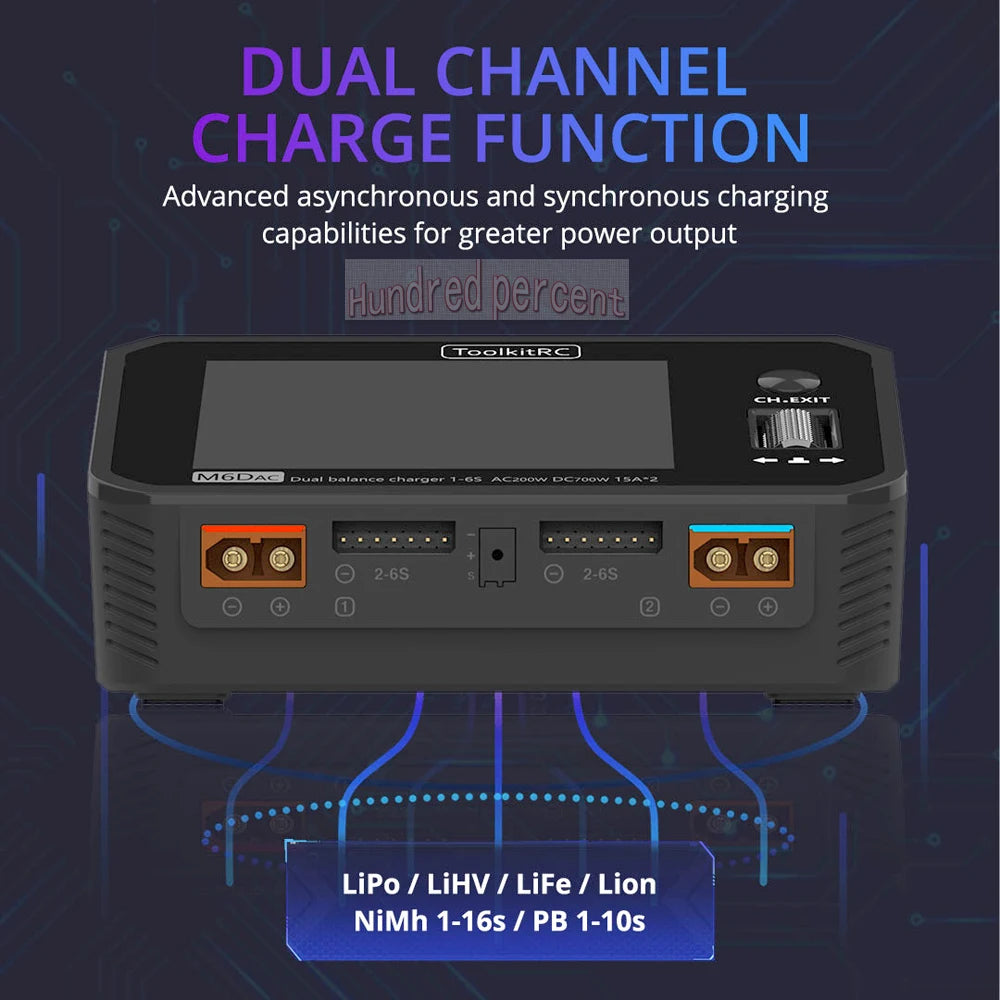ToolkitRC M6DAC Dual Channel Smart Lipo Battery Charger Discharger AC 200W DC 350WX2 15A for 1-6S LiHV PD 65W