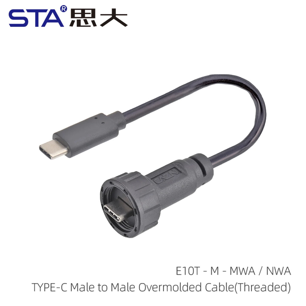Type-C 3.0 IP67 Waterproof Connector Straight/Angled Male to Male/USB Adapter Molded Cable 0.5/1/2M Fast Charging 10Gbps PD 60W