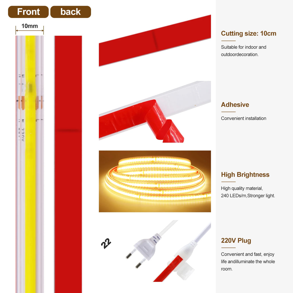 AC 220V COB Strip IP65 Waterproof 10CM Cut 240Leds/M 3000K 4000K 6000K Home Decor Flexible Ribbon Rope Tape LED Light