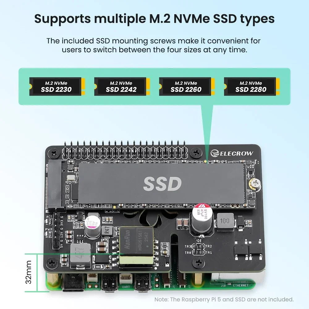 Hot Sale Pi Power M.2 NVMe & PoE+ Hat for Raspberry Pi 5, Support M.2 NVMe SSDs 2230/2242/2260/2280