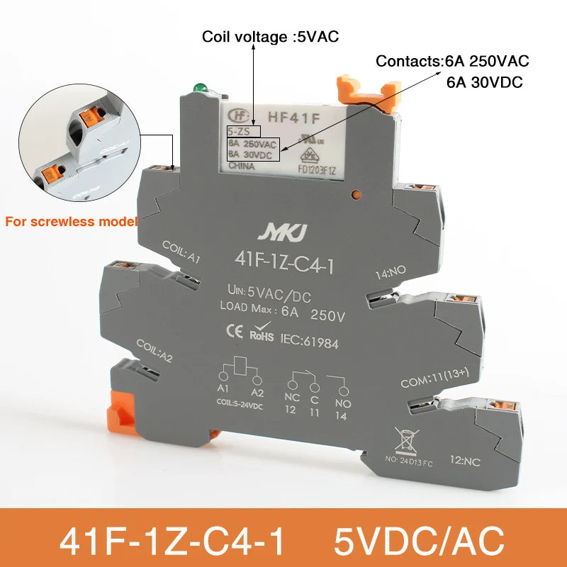 Din Rail Slim Relay Module 41F-1Z-C4-1 Integrated PCB Mount Power Relay With Relay Holder  Relay Socket 6.2mm