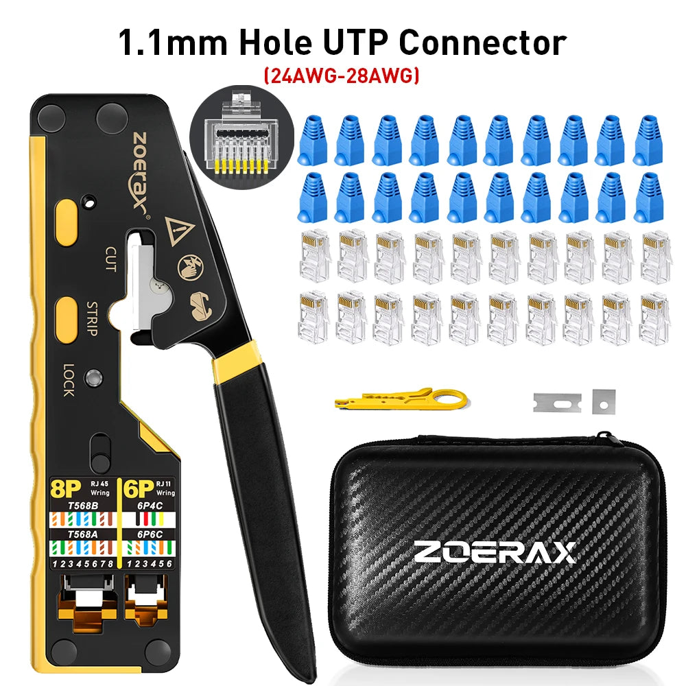 ZoeRax RJ45 Network Tool Kit with CAT6 Crimper Tool,20Pcs CAT6 CAT5 Connectors and Plug Covers,Mini Wire stripper,Blades,