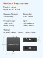 Analog to Digital Audio converter ADC 3.5mm Aux+L/R RCA to Toslink/coaxial Digital Audio converter Stereo Audio to Digital Audio