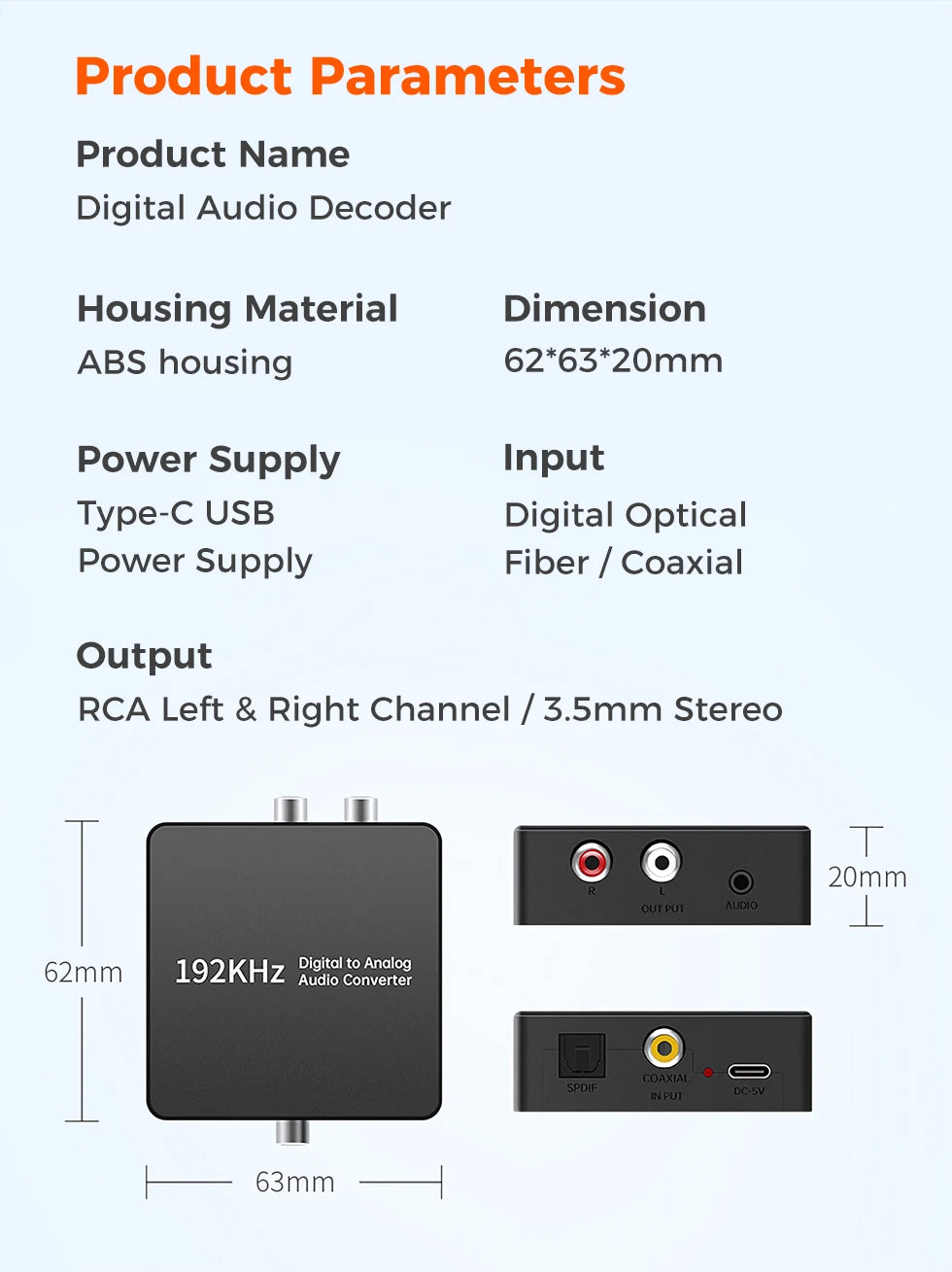 Analog to Digital Audio converter ADC 3.5mm Aux+L/R RCA to Toslink/coaxial Digital Audio converter Stereo Audio to Digital Audio