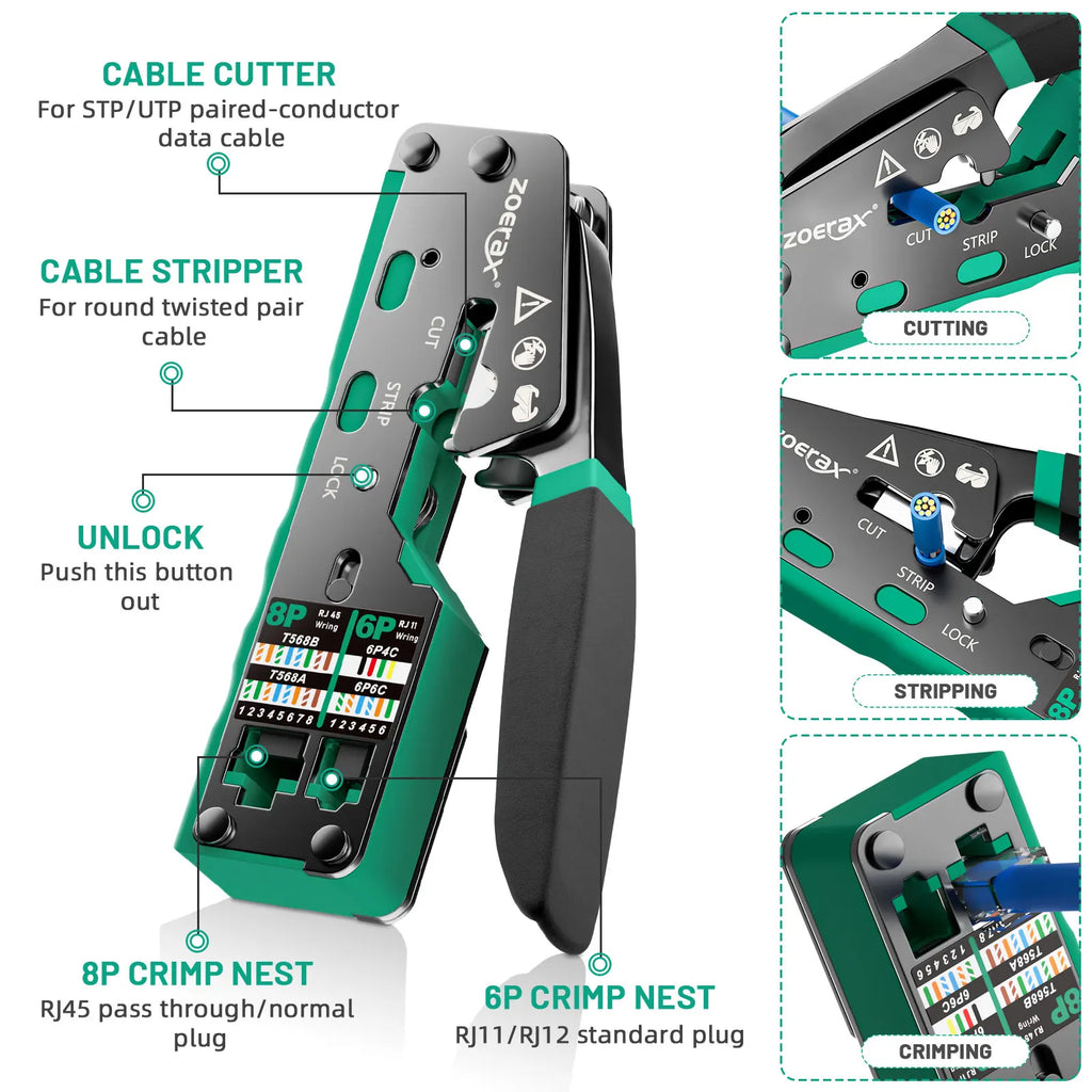 ZOERAX RJ45 CAT6 CAT5E Pass Through Crimp Tool Network Crimping Tool For Cat5 Cat5e Cat6 8P8C Connector with Spare blade