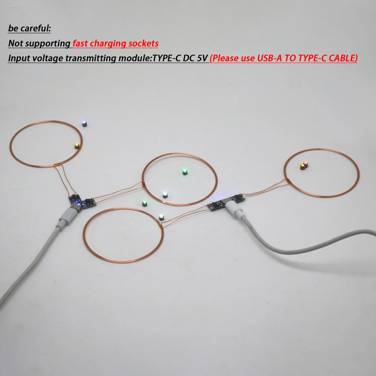 70MM Dual coil TYPE-C USB Wireless Power Supply Transmitter Inductor Receiver LED Light Lighting DIY Toys Model Robot Sand Table