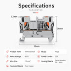 1-50Pcs PT2.5 Feed Through Terminal Block Push In Spring Connector 800V 32A 0.2-2.5mm2 DIN Rail NS35 Screwless Electrical Wiring