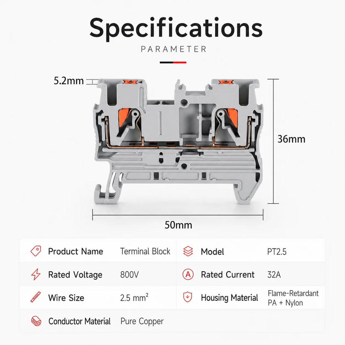 1-50Pcs PT2.5 Feed Through Terminal Block Push In Spring Connector 800V 32A 0.2-2.5mm2 DIN Rail NS35 Screwless Electrical Wiring