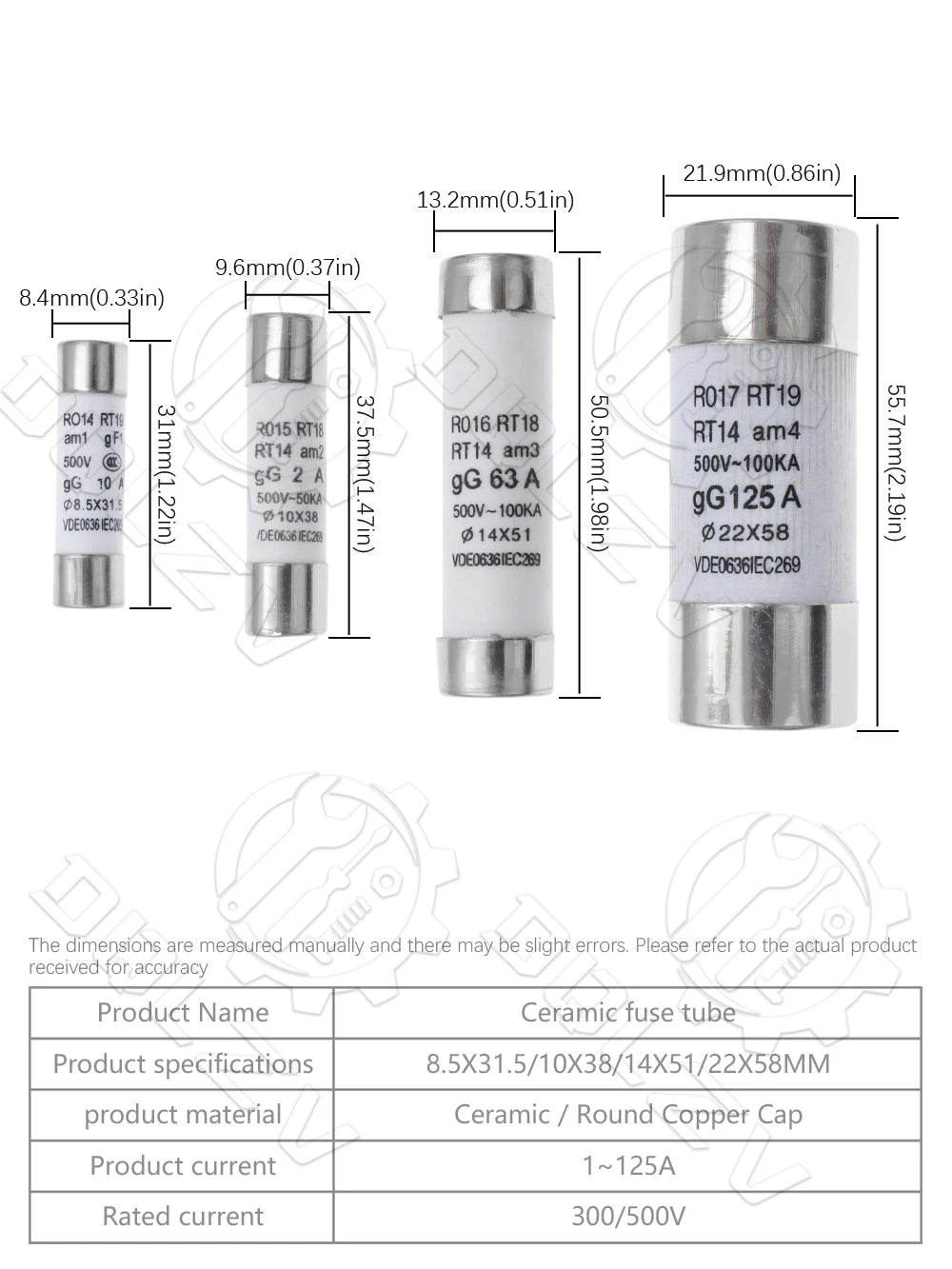 10*38 Fast blow Ceramic Fuse 8.5X31.5MM 14X51MM 22X58MM Fuse 380/500V 0.5A 1A 2A 5A 6A 10A 16A 20A 32A RO14 RO15 RO16 RO17