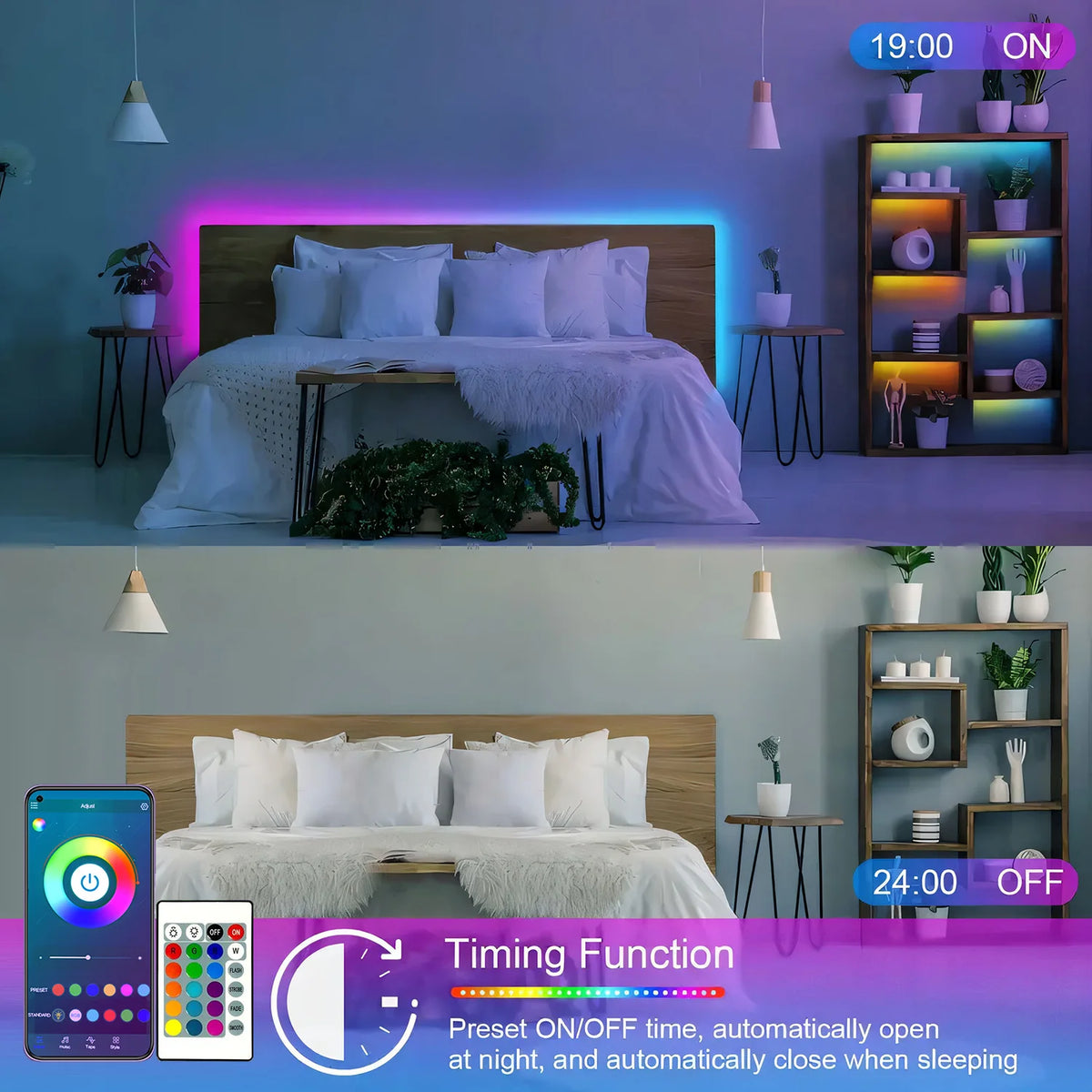 LED Strip Lights, RGB Color Changing Led Strip Lighting with 24-Key Remote and  APP Control, Music Sync Lights