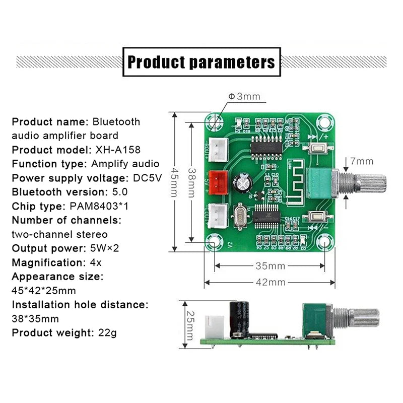 DIY Wireless Speaker Amplifier Board 5W*2 XH-A158 Ultra Clear Bluetooth 5.0 Power Amplifier Board Pam8403 Small Power