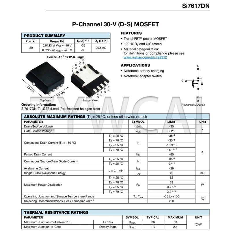 SI7617DN-T1-GE3 5PCS 7617 PAK1212-8 SI7617DN P-Channel 30V (D-S) MOSFET