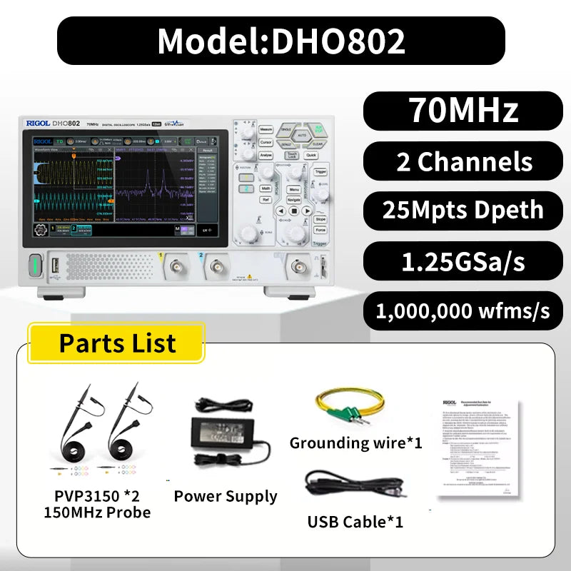 RIGOL DHO802/DHO804/DHO812/DHO814 Oscilloscopes | 70/100MHz, 2/4CH, 25Mpts Deep Memory, HDMI Output,  CAN/I2C/SPI/UART Decode