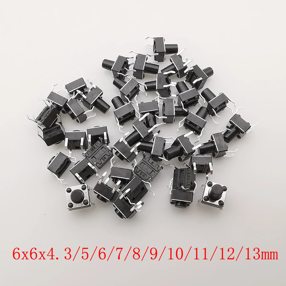 50Pcs Tactile Tact Mini Push Button Switch 6x6mm 4Pin PCB Panel Momentary Self-Reset Tact Switch 6x6x4.3/5/6/7/8/9/10/11/12/13mm