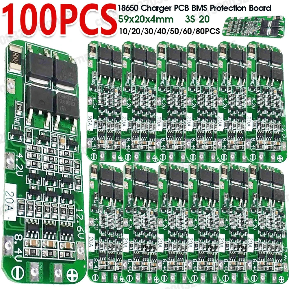 10-100pc 3S 20A Li-ion Lithium Battery 18650 Charger PCB BMS Protection Board For Drill Motor 12.6V Lipo Cell Module 59x20x4mm