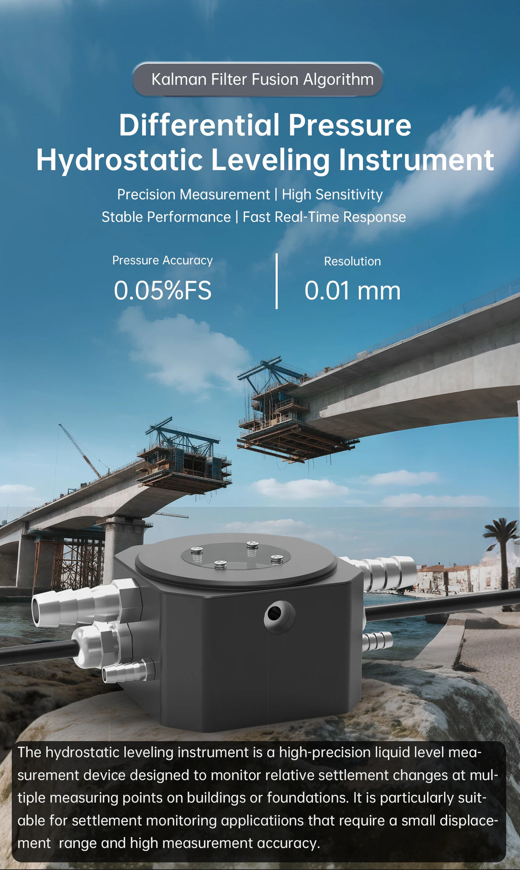High Precision Differential Pressure Hydrostatic Leveling Sensor / Settlement Monitoring System / RS485 Output for Bridge & Buil