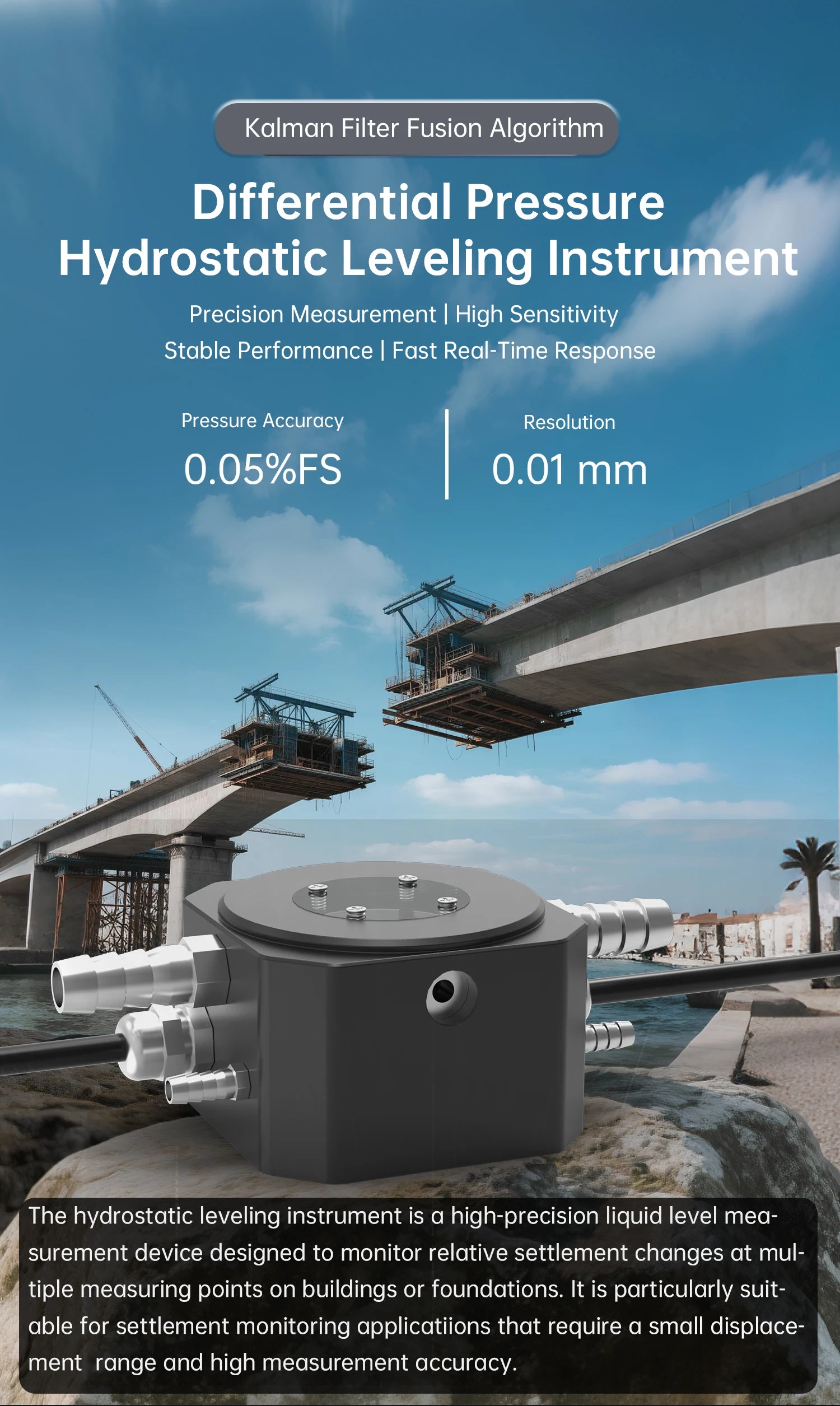 High Precision Differential Pressure Hydrostatic Leveling Sensor / Settlement Monitoring System / RS485 Output for Bridge & Buil