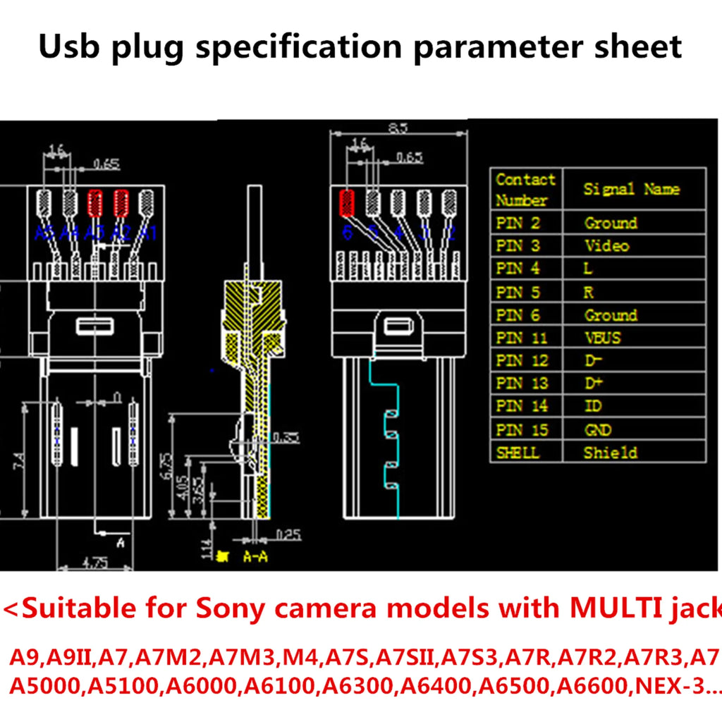 For Sony Camera Camera plug Multi  USB Female Socket Detection Multi 15-pin USB Plug (male)DIY Welding Wire Suitable