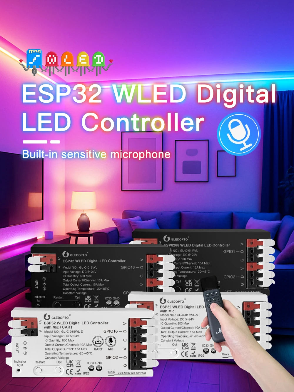 GLEDOPTO WLED LED Controller ESP32 Mic Music UART RGB IC Digital Lights Addressable String Lighting WS2811 WS2812B WS2815 SK6812