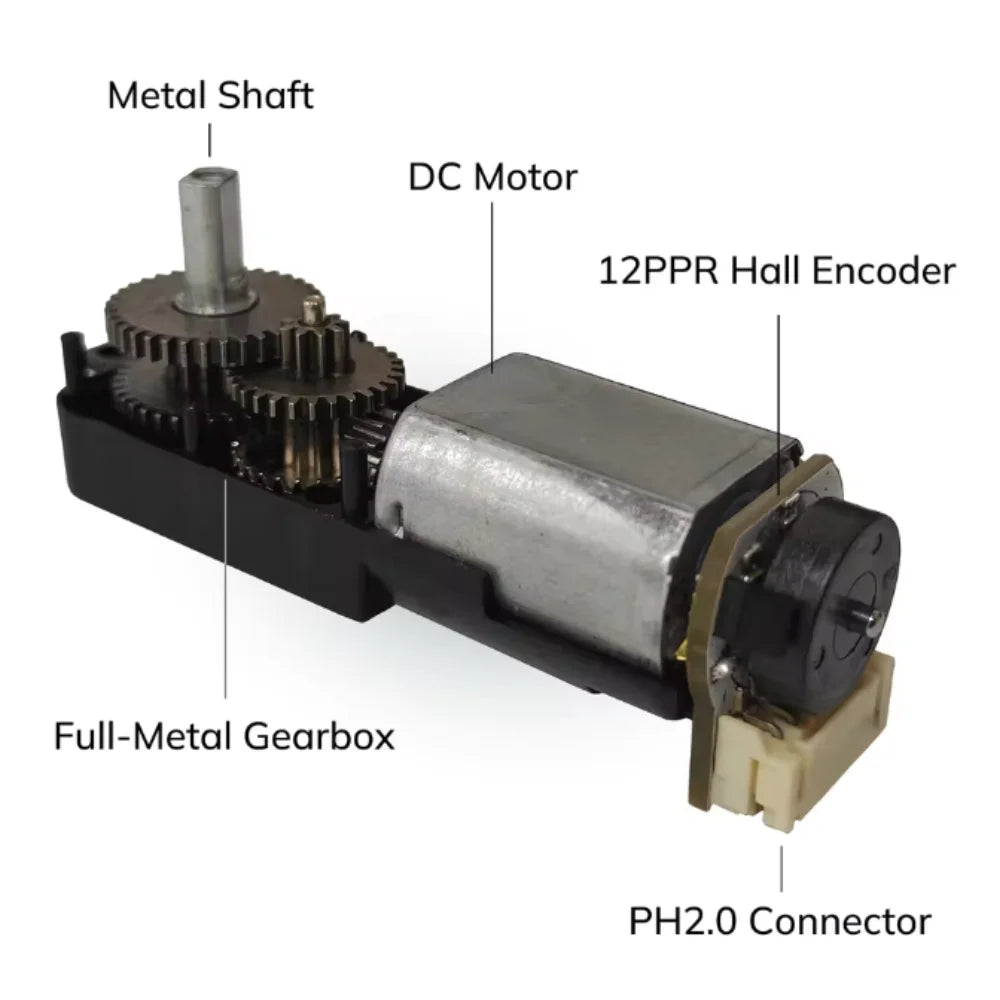 All-Metal TT Encoder Motor, 12PPR Hall Encoder, High Torque 1:90 Gearbox, Metal Shaft DC Geared Motor, DC 3-12V Gearbox Motor