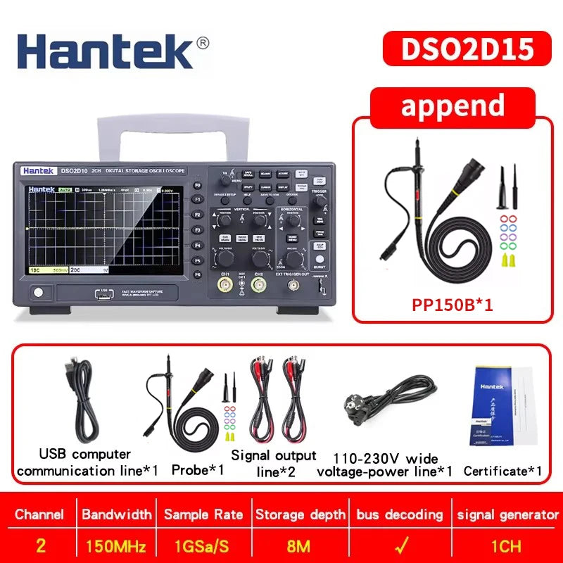 Hantek DSO2C10 DSO2C15 DSO2D10 DSO2D15 2CH Oscilloscope 100/150MHz 1GSa/s 8Mpts FFT UART I2C SPI CAN LIN 25MHz AWG D Models