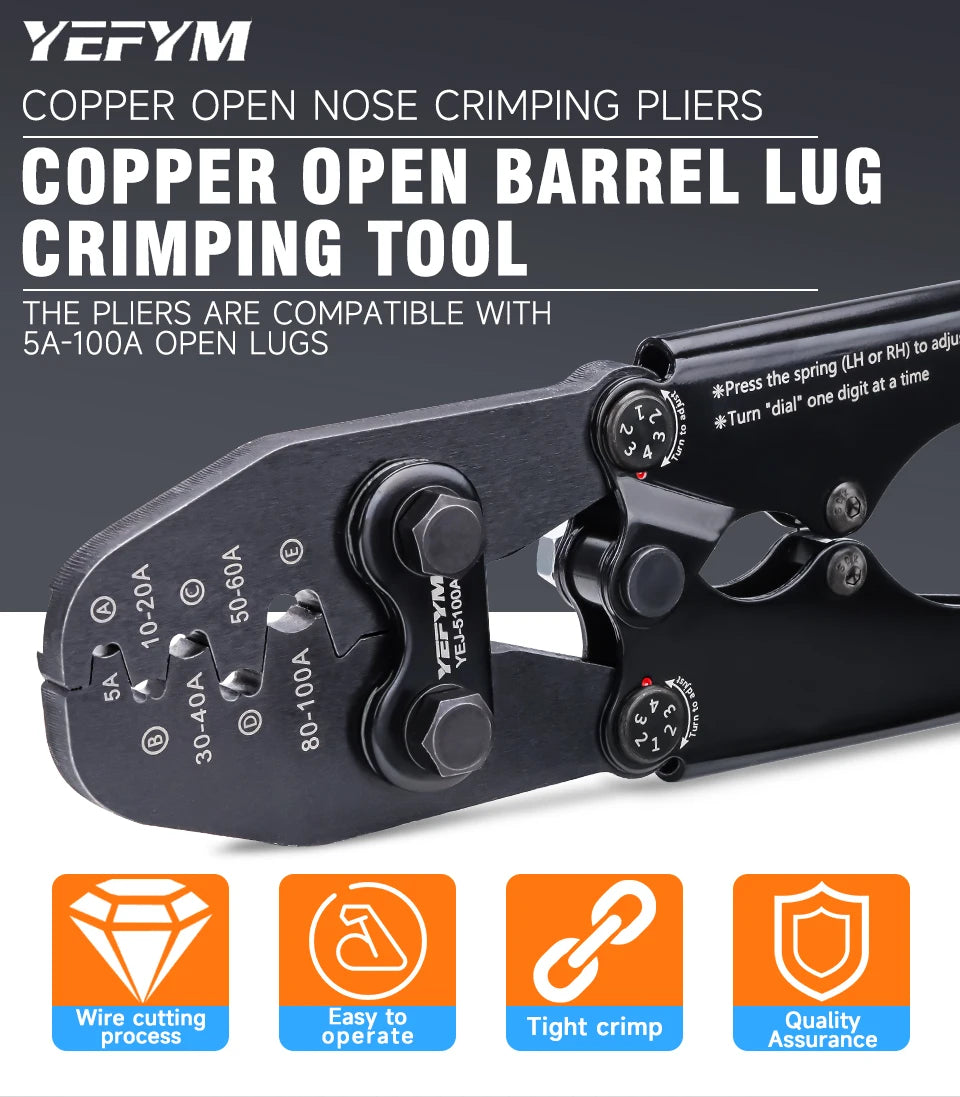 Heavy Duty Battery Lug Crimper YEJ-5100A for 5A-100A(AWG 13-3) OT Open Barrel Terminals, Automotive Wire Crimp Pliers