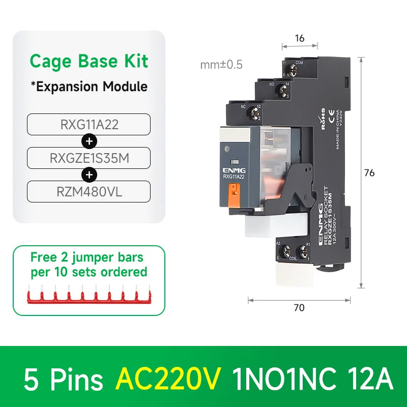 ENMG RXG Slim Power Relay 12A 24VDC/220VAC Coil, DIN Rail Mount Industrial Relay for PLC Control System