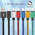 Micro USB 2.4A Fast Charging Cable Nylon Data Cable Cord For Samsung Galaxy A3/A5/A7 Android Phone Mobile Devices 1M 2M 3M