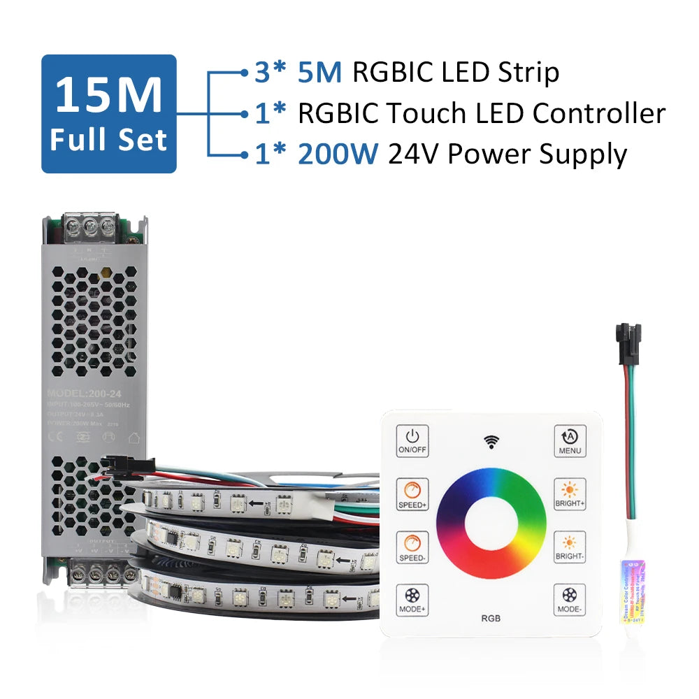 WS2811 RGB IC Running Water Flowing Strip Lights DC 24V 5050 60Leds RGBIC Flexible Ribbon RF Touch Remote Control LED Lighting