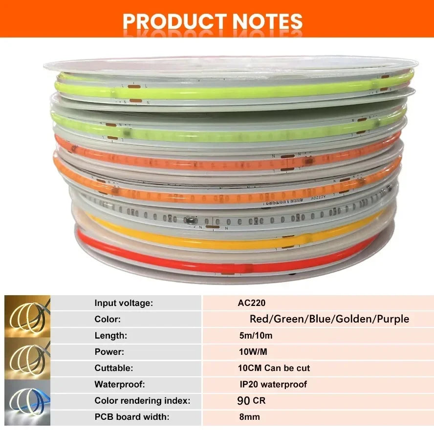 220V COB LED Strip 0.5M-10M Flexible Tape Light Smart IC No Need Driver High Bright 240 LEDs Linear Lighting RA95 Warm Ice Blue