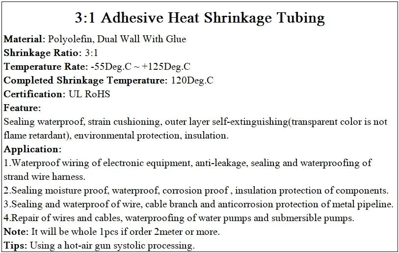 Black 2/5M 3:1 Heat Shrink Tube With Glue Diameter 1.6 ~ 19.1mm Dual Wall Polyolefin Insulated Adhesive Lined Shrink Wrap Sleeve