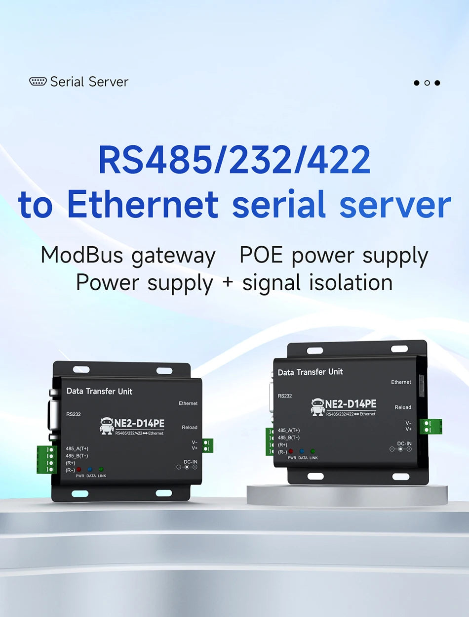 RS485/RS232/RS422 to Ethernet Serial Server Modbus Gateway POE Power Supply MQTT CDEBYTE NE2-D14PE Power and Signal Isolation