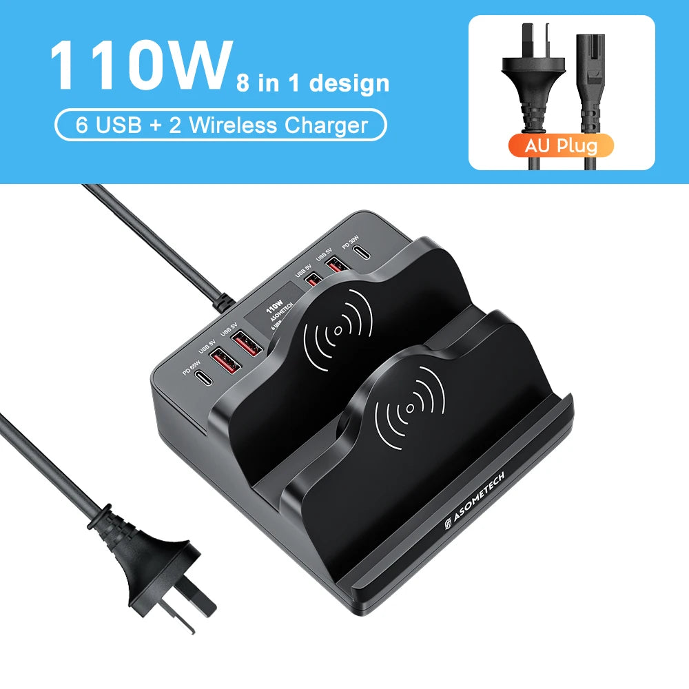 110W 6 Port USB Charger Station Dual Fast Wireless Charging Type C QC3.0 PD3.0 65W Quick Charge For iPhone Xiaomi Samsung Laptop