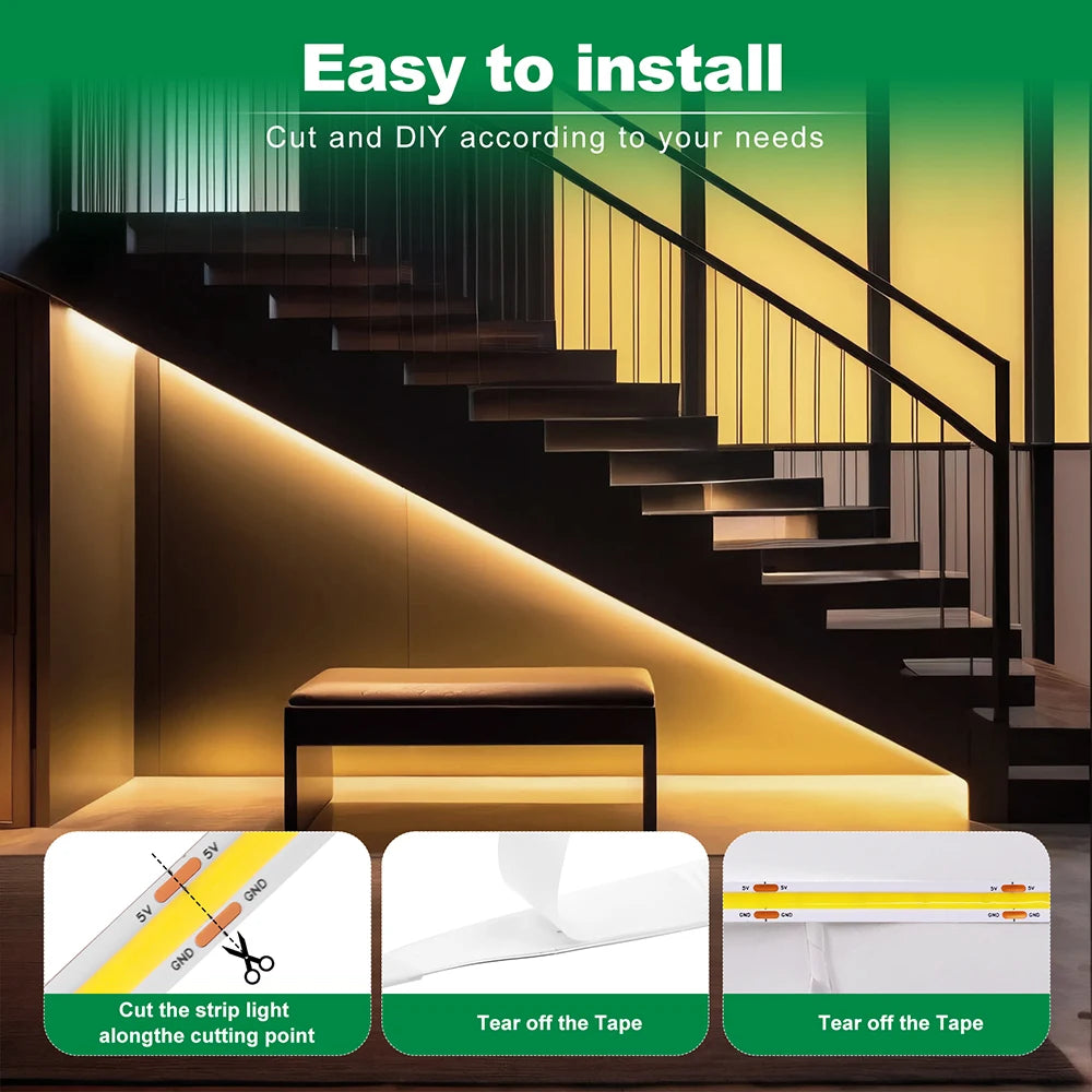 5V Motion Sensor Nigth Light COB Led Strip USB Battery Power 3mm 5mm 8mm PCB 320 LEDs Flex Lamp for Under Cabinet Kitchen Stairs