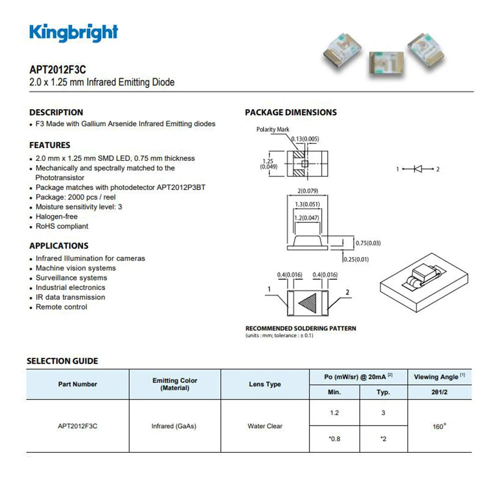 10pcs APT2012F3C EMITTER IR 940NM 50MA 0805 Infrared (IR) Emitter 940nm 1.2V 50mA 1.2mW/SR @ 20mA 120° 0805 (2012 Metric) SMD