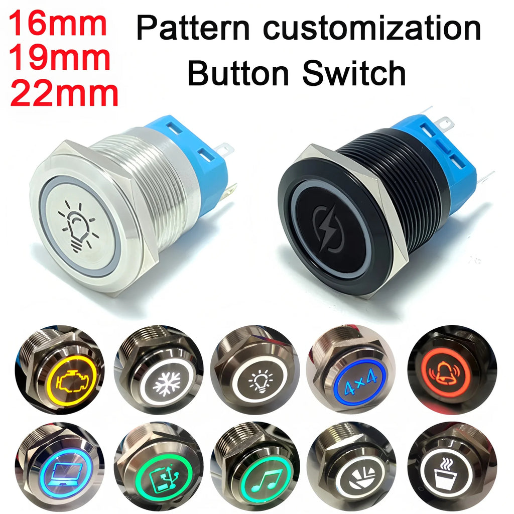 16/19/22mm Custom Metal Push Button Switch Start Stop LED Light For Car Fog Switch Motorcycle Waterproof Black/Silver 12V 24V