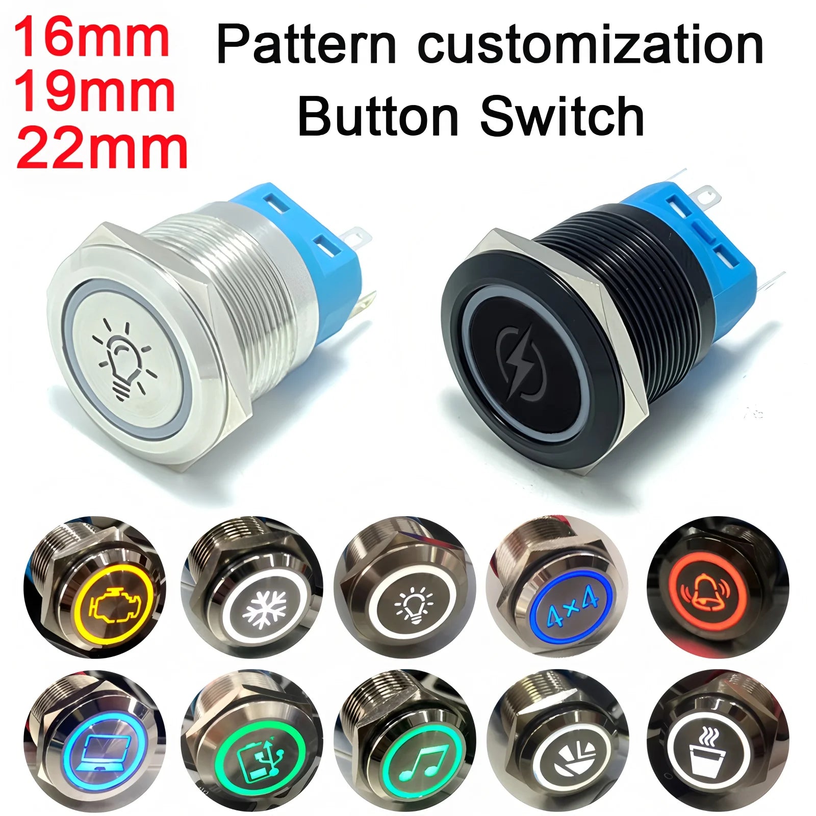 16/19/22mm Custom Metal Push Button Switch Start Stop LED Light For Car Fog Switch Motorcycle Waterproof Black/Silver 12V 24V