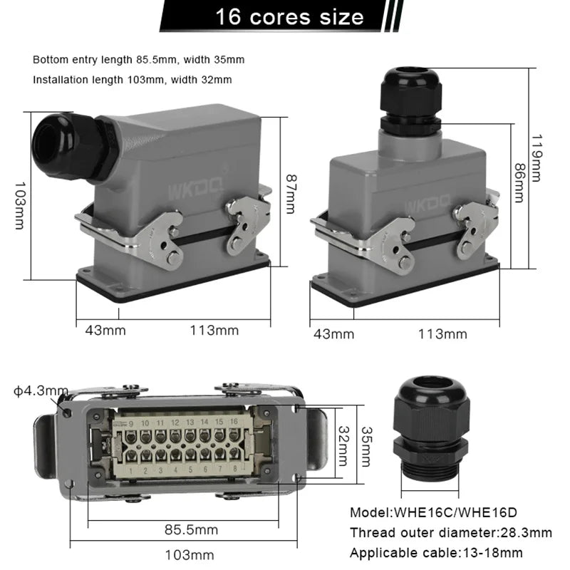 HDC HE Heavy Duty Connector 6/10/16/24/32/48 Core Pin Top/Side Outlet Aviation Plug Rectangular Waterproof Electrical Wiring