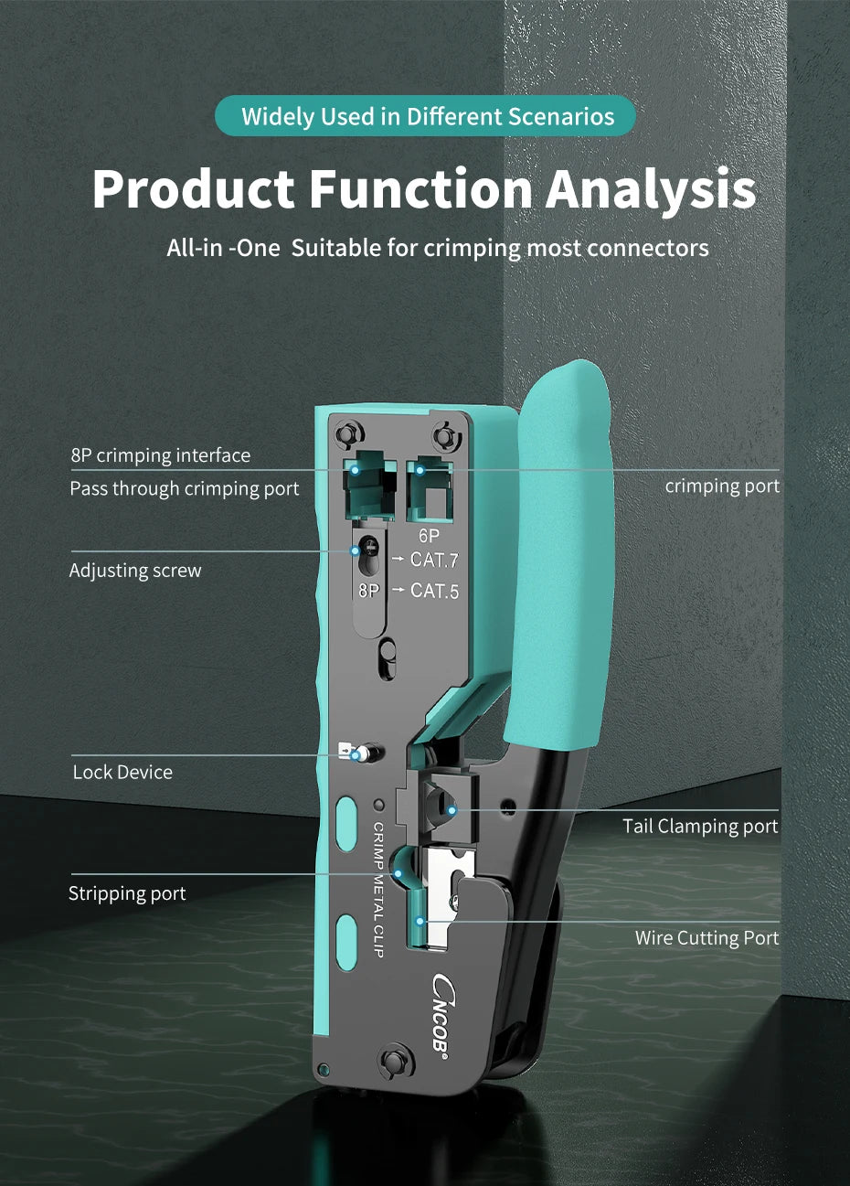 CNCOB RJ45 Pass Through Crimping Tool for Cat8 Cat7 6A Cat6/5e Ethernet Modular Plugs Ends Connectors, All-in-One, RJ11 Crimp