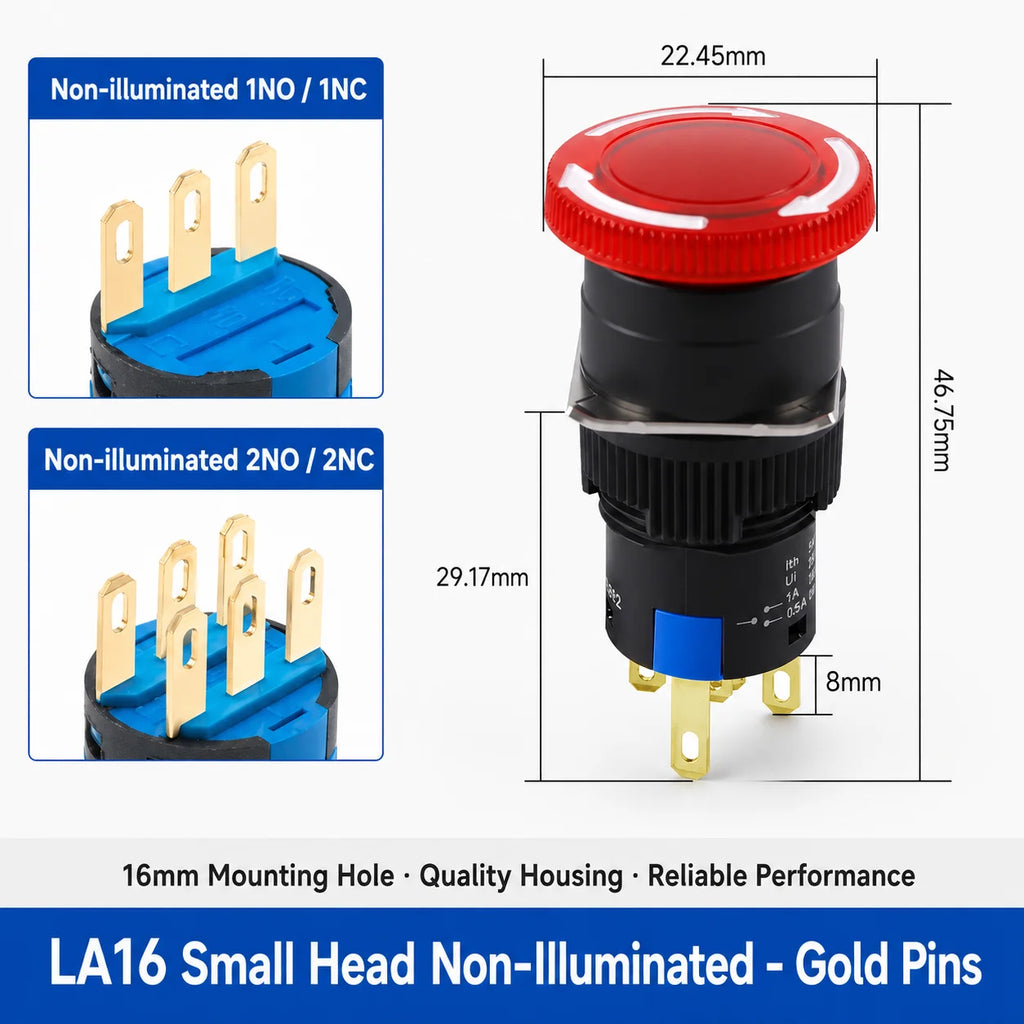 16mm Plastic Emergency Stop Switch Latching Self-locked 1NO1N Red Mushroom Head Electrical Control Push Button Switch VaneAims