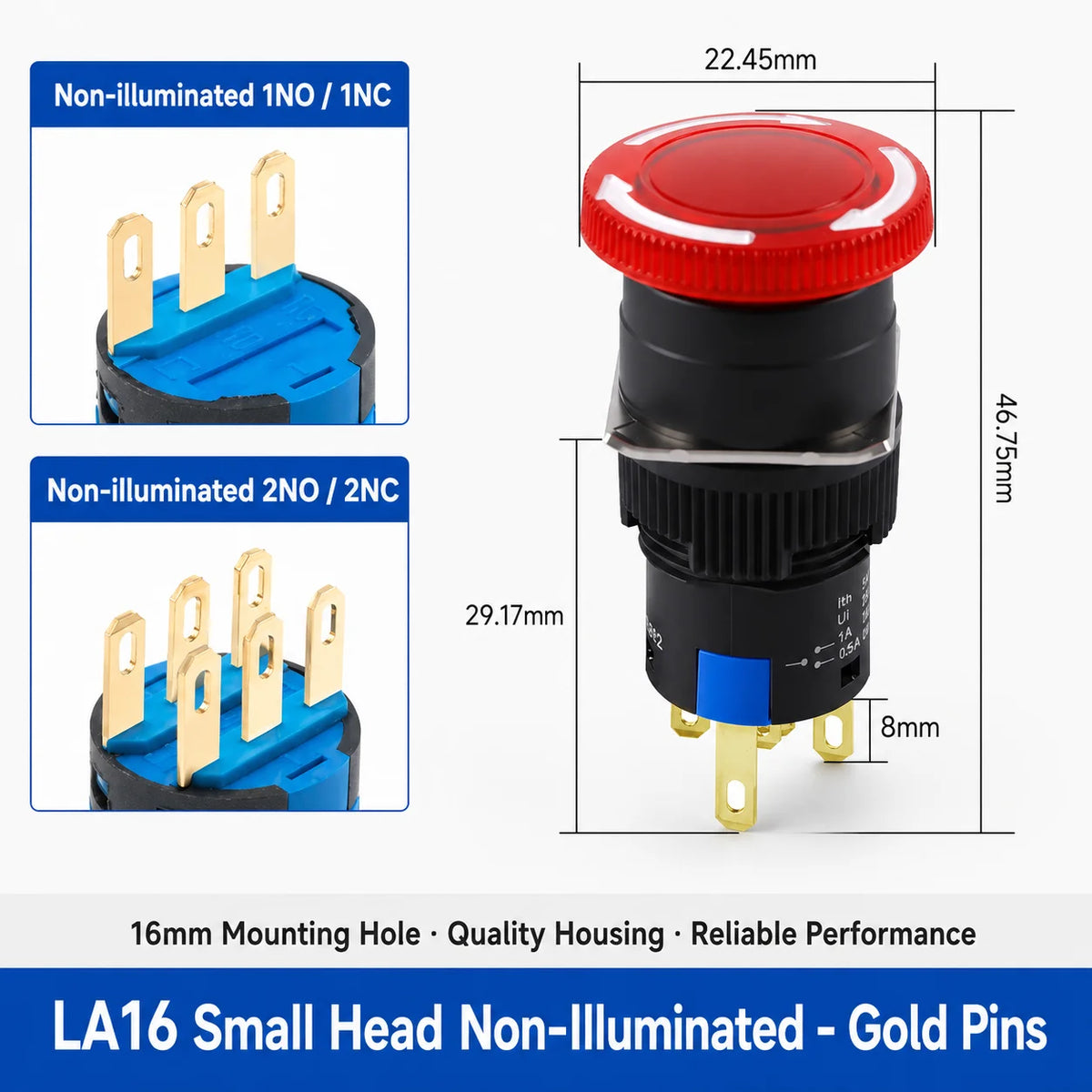 16mm Plastic Emergency Stop Switch Latching Self-locked 1NO1N Red Mushroom Head Electrical Control Push Button Switch VaneAims