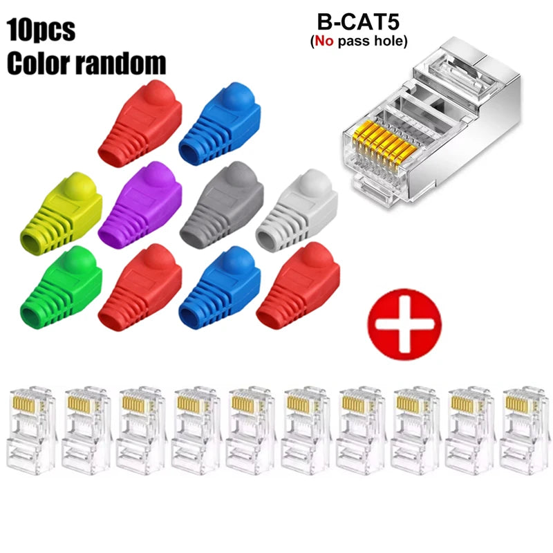 RJ45 CAT5 Pass Through Connectors Crystal End Gold-Plated to Crimp Modular Plug for Solid Or Stranded UTP Network Cable Sleeve