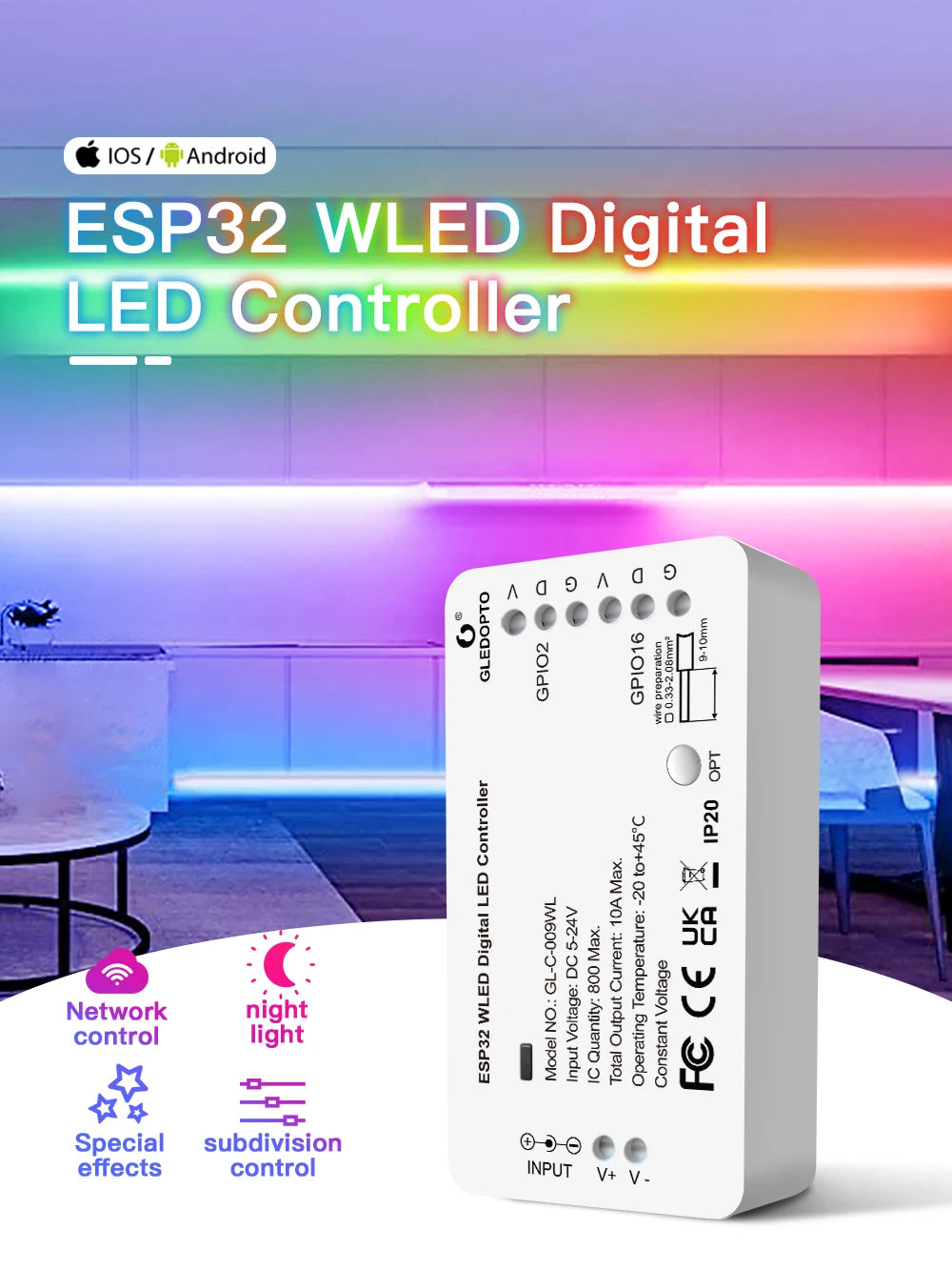 GLEDOPTO ESP32 WLED LED Controller DC5-24V DIY Dynamic Lighting Mode WS2811 WS2812b SK6812 TM1814 WS2813 WS2815 LED Strip Lights